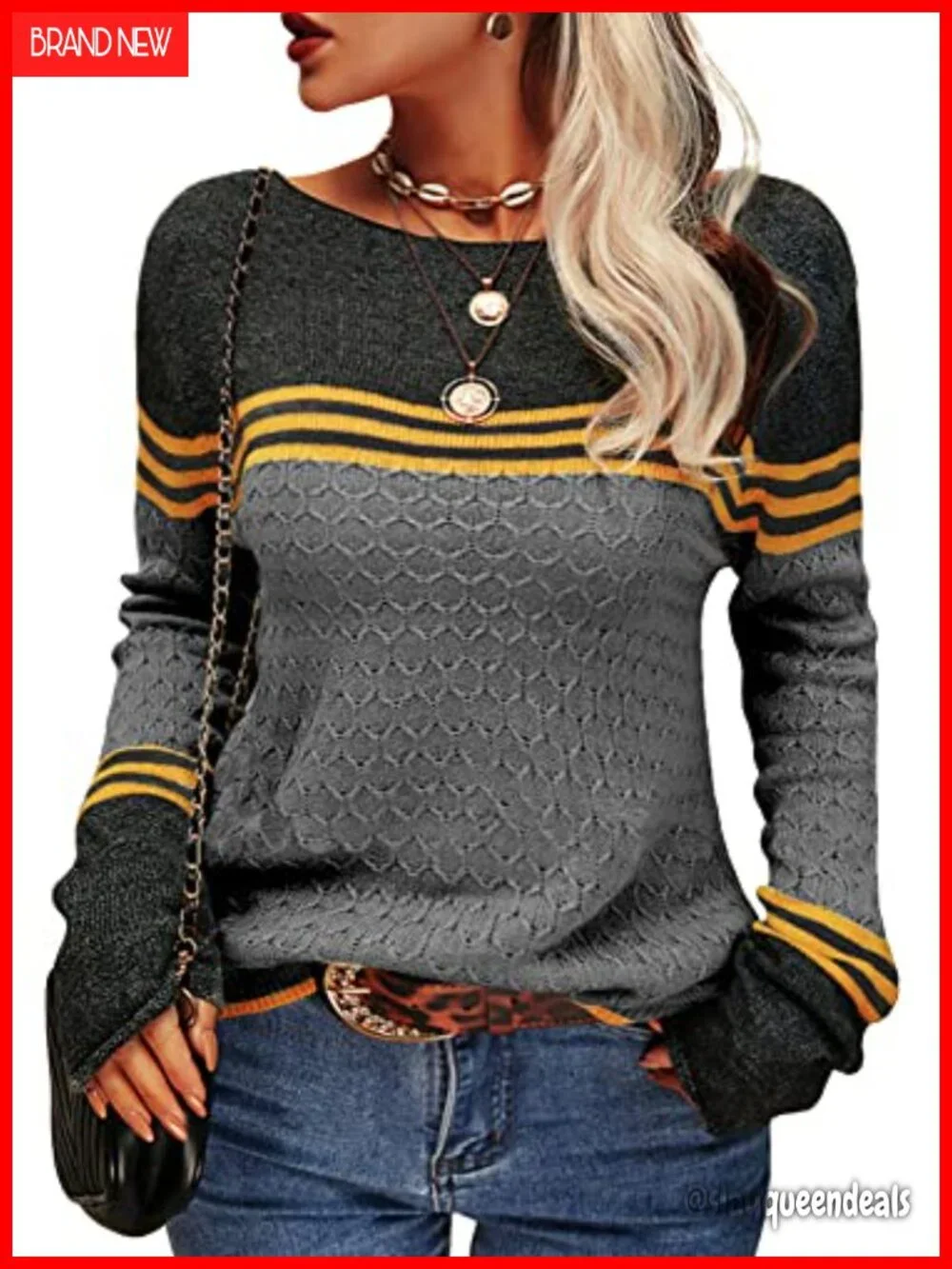 Colorblock Striped Lightweight Crewneck Pullover Sweater